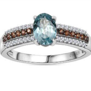 Aqua Kyanite, Brown and White Zircon Ring